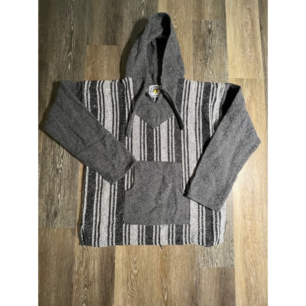 Sunshine Joy Baja Hoodie Mens Large‎ Grey Striped Woven Drug Rug Pullover